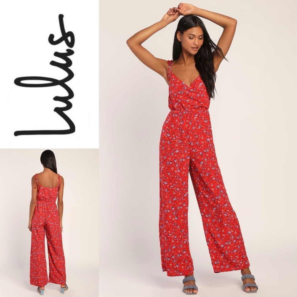 NWT LULUS Blooming Bliss Red Floral Print Tie-Strap Jumpsuit